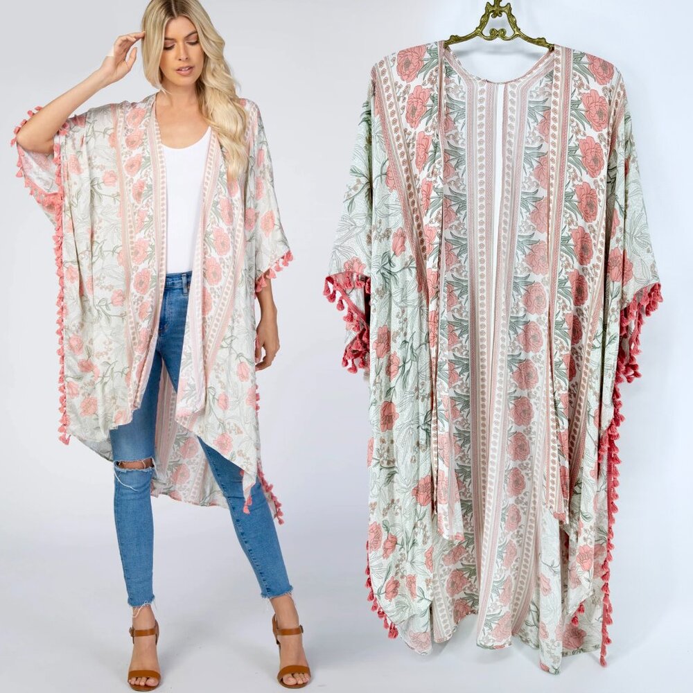 Plus Size Pink Mixed Floral Fringe Trim Cover Up Duster Sz 2X-3X